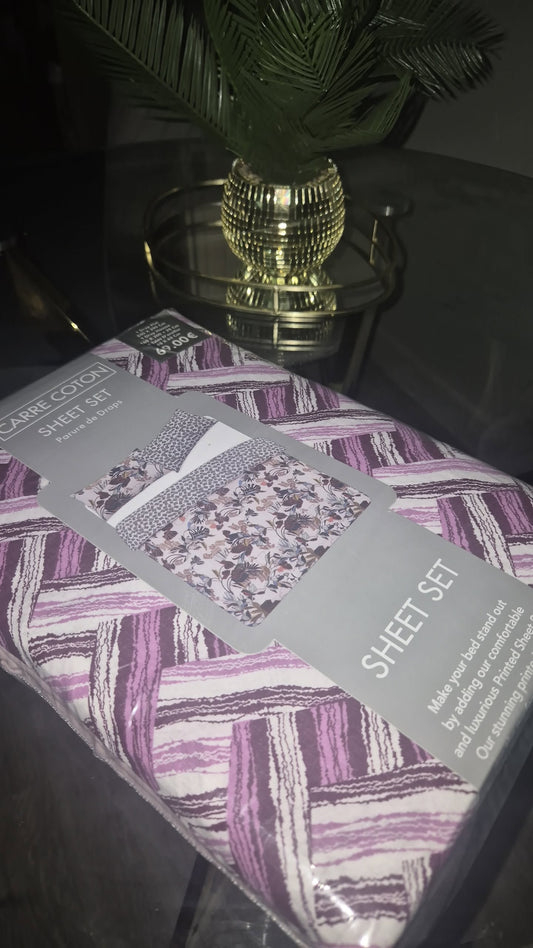 Parure de drap; drap housse, drap plat + 2 taies d'oreiller